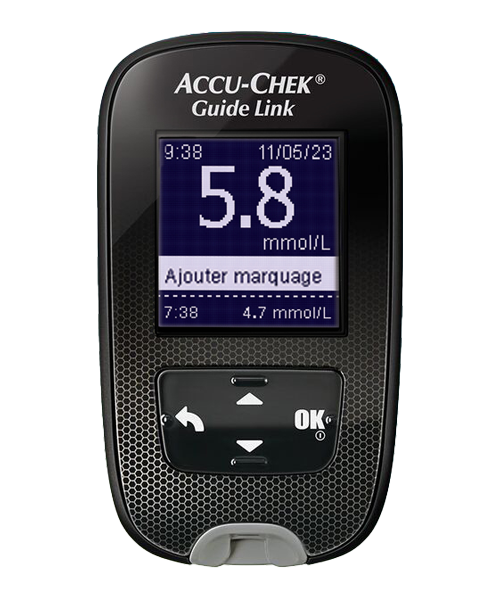 Image montrant le glucomètre Accu-Chek Guide, conçu pour les gens vivant avec le diabète