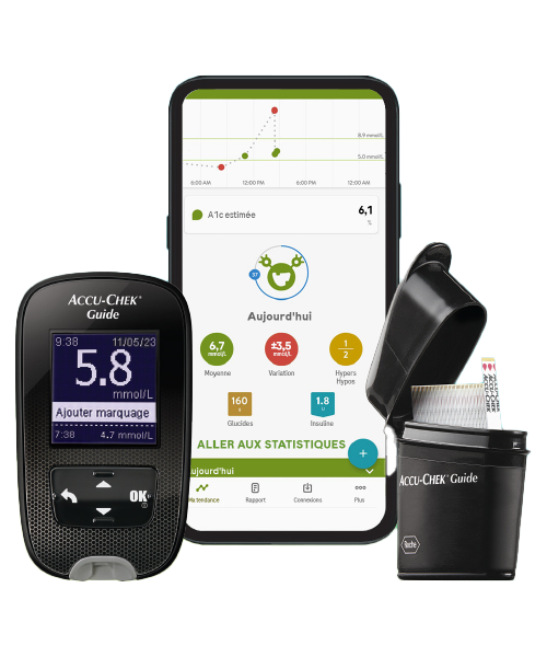 Image montrant le glucomètre Accu-Chek Guide, un contenant de bandelettes, ainsi que l'application mySugr.